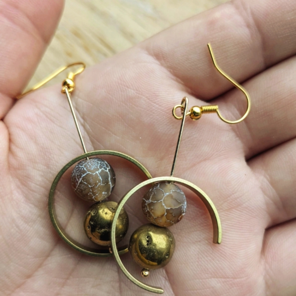Gold-plated Semicircle-Framed Earrings with Metal and Quartz Beads